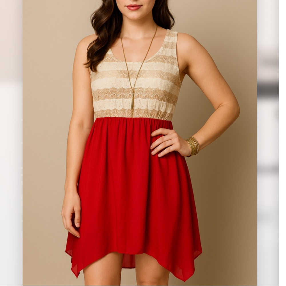 New w/Rags Red and Gold with Sequins Trim Midi Dress